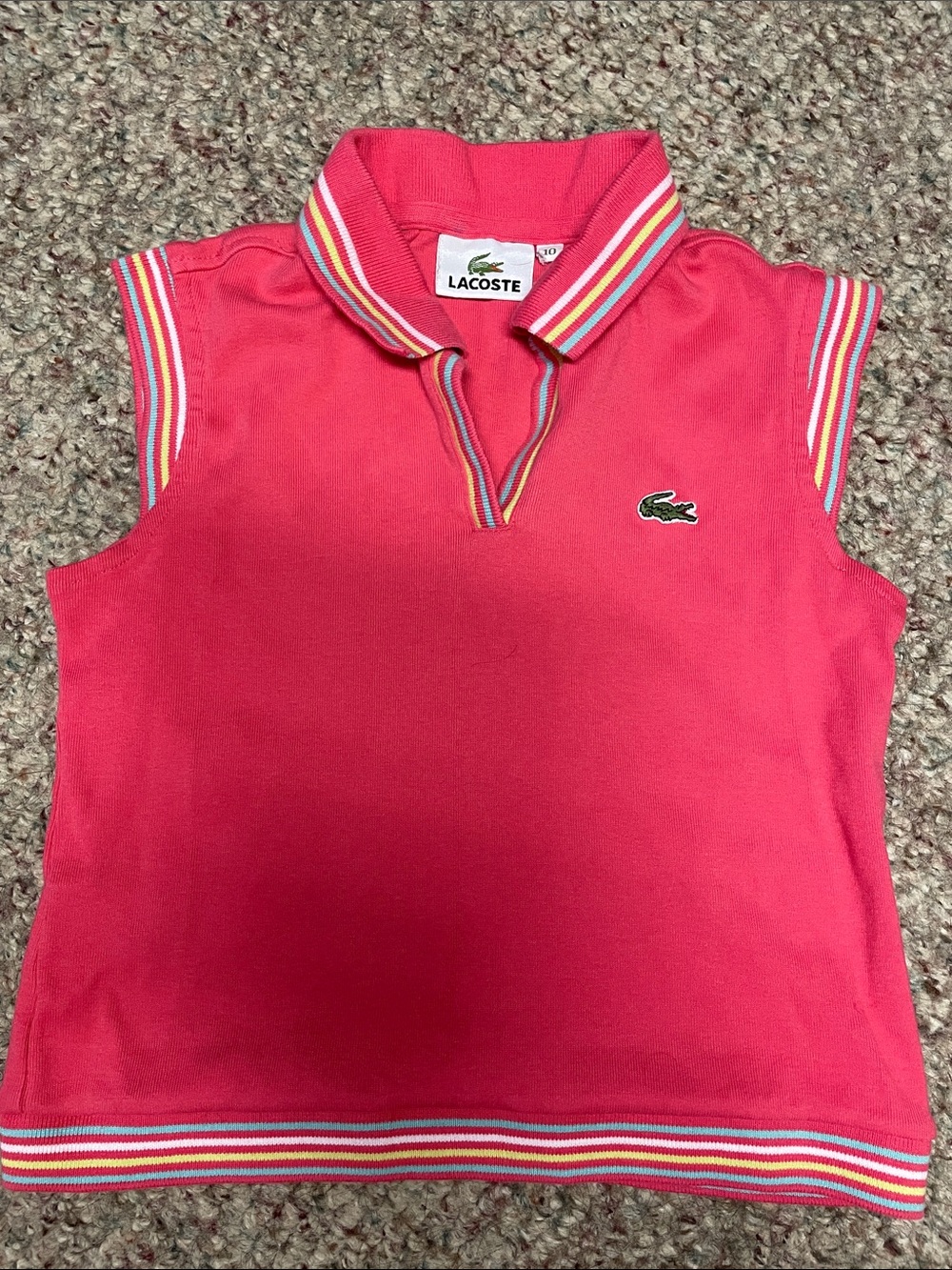 Lacoste Bright Pink Sleeveless Polo with Striped Trim